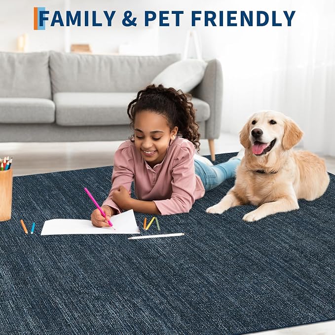 Garvee Modern Living Room Rugs 9x12 Dining Room Rugs for Under Table, Navy | Machine Washable Non Slip Solid Color Non Shedding Low Pile Stain Resistant Foldable Neutral Soft Rug for Bedroom Nursery