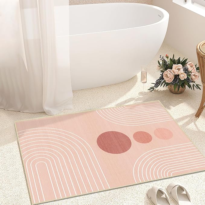 Boho 2x3 Rug for Entryway Modern Geometric Abstract Area Rug Pink Mid Century Modern Machine Washable Door Mat Contemporary Non-Slip Printed Low-Pile Floor Carpet Kitchen Bathroom Laundry Pink