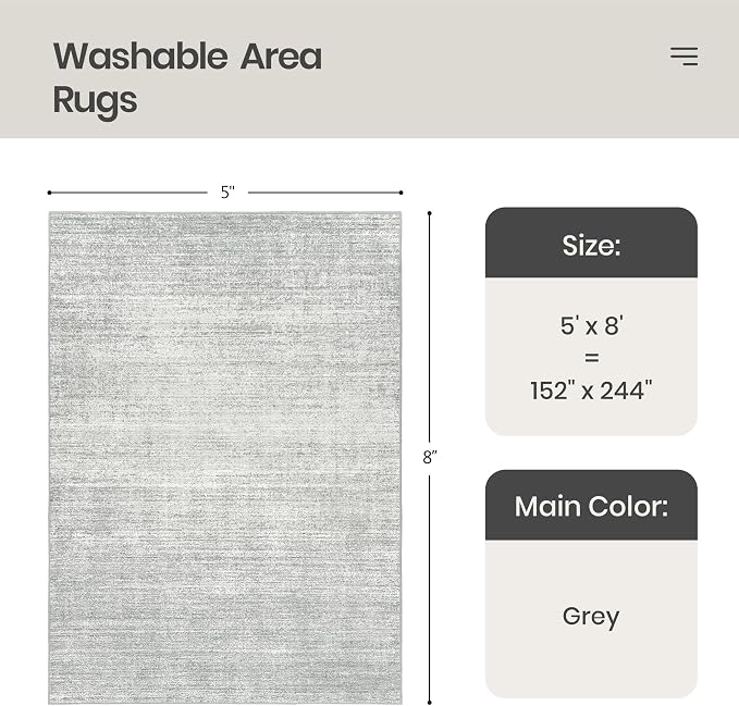 Valenrug 5x8 Area Rug Non Slip, Large Washable Rugs for Living Room, Grey | Soft Low Pile, Thin & Lighweight Carpet, Folable Stain Resistant Modern Indoor Floor Mat for Bedroom, Dining Room, Home Decor