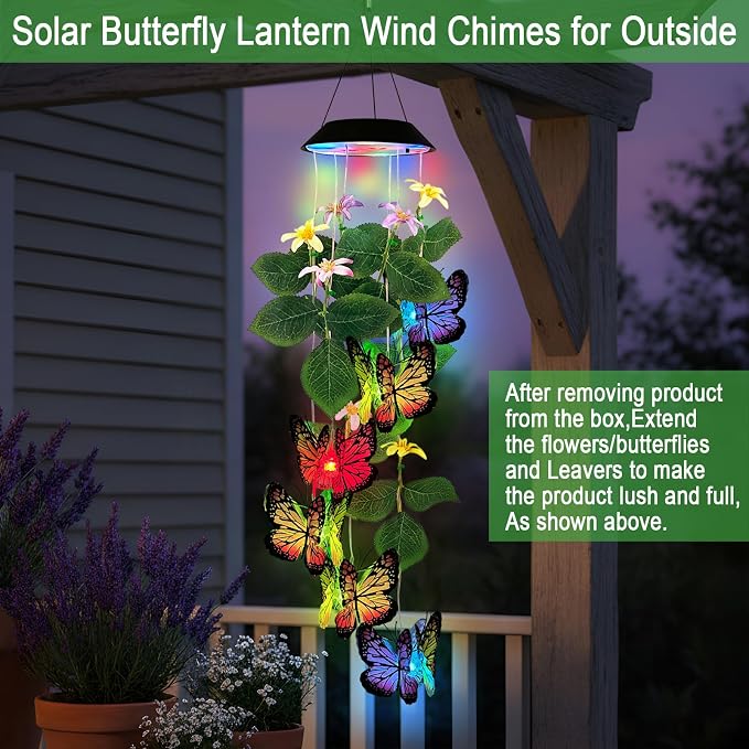 Solar Wind Chimes Outdoor,Colorful Butterfly with Color Changing LED Dangler Mobiles for Outside,Hanging Decoraition for Patio,Porch,Yard,Gifts for Women
