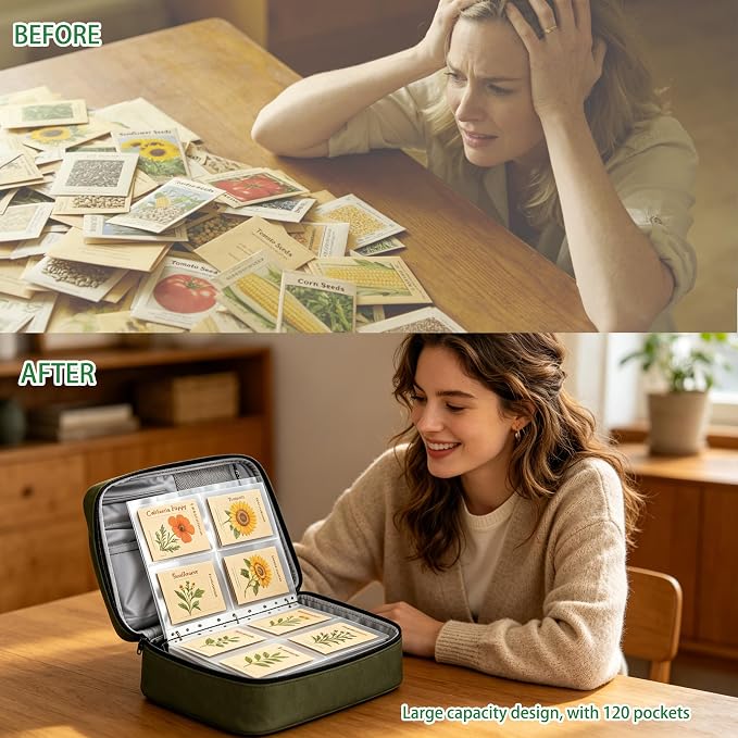 Seed Storage Organizer Binder with 20 Pcs Seed Envelopes & 30 Pack Sheet | Seed Binder, Holds 120 Packets Envelopes, Waterproof,Seed Packet Organizer for Garden Planner, Green
