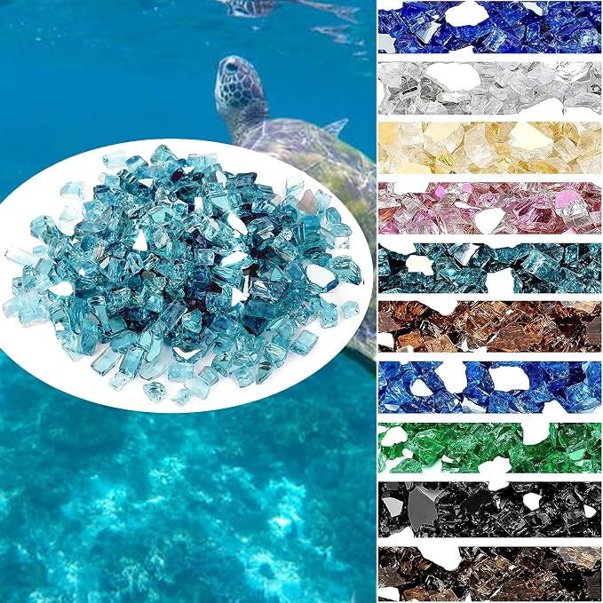 Onlyfire 10 lbs Fire Glass Rocks 1/2 Inch, Reflective Tempered Glass for Propane Fire Pit & Gas Fireplace, High Luster Firepit Glass Stones for Fire Table, Aqua Blue (Multicolor Options Available)
