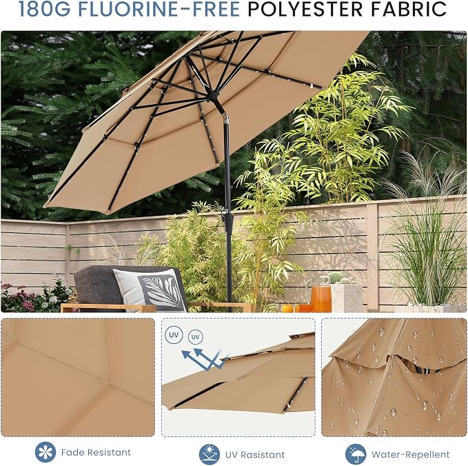 DUMOS Outdoor Solar Patio Umbrella 3 Tiers with 32 LED Lights, Beach Market Table Umbrella with Crank and 8 Sturdy Ribs for Pool, Terrace, Restaurant