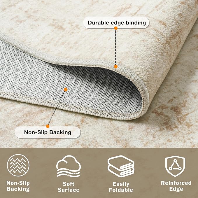5x7 Washable Area Rug for Living Room Bedroom: Non-Slip Modern Beige White | Machine Washable TPR Backing, Stain-Resistant Low Pile, Pet & Kid Friendly, Abstract Decor for Dining Room, Dorm, Home Office