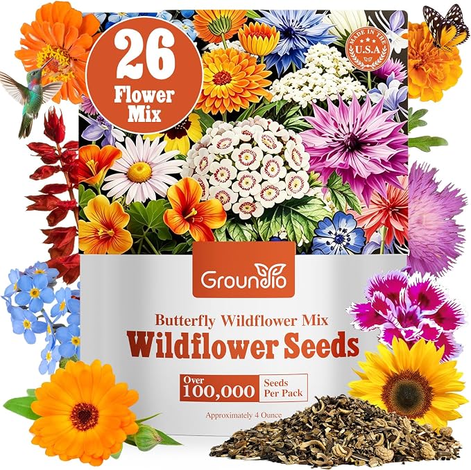 Groundio Wildflower Seeds Bulk, 4 Ounce, 200,000+ Seeds, 26 Varieties Annual & Perennial Flower Seeds Mix with Zinnia, Milkweed, Butterflyweed, Attracts Pollinators, Plant in Spring or Fall