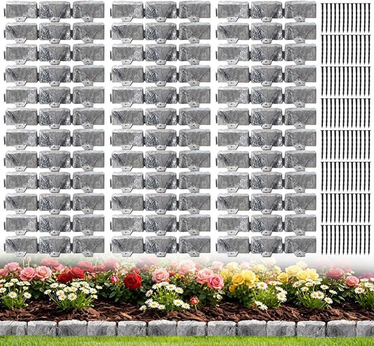 Landscape Edging Faux Stone Edging Garden Edging Border,68FT x 2.75 in Tall Decorative Stone-Look Garden Border for Flower Bed Edging,Yard Edging,Lawn Trees and Gardens,with Anchoring Spikes,Gray