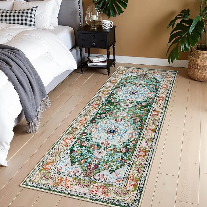 U'Artlines 2'x5' Boho Hallway Runner Rug Non Slip Washable Runners,Green | Vintage Farmhouse Kitchen Rug Accent Area Carpet for Entryway Laundry and Living Room