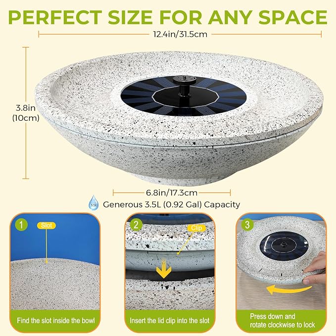 Solar Fountain Bird Bath of Outside Faux Rock Granite Look 12.5" Tabletop Water Bowl with 6 Nozzles Bird Bath Bubbler for Hummingbird Wild Birds Outdoors Garden Patio Lawn