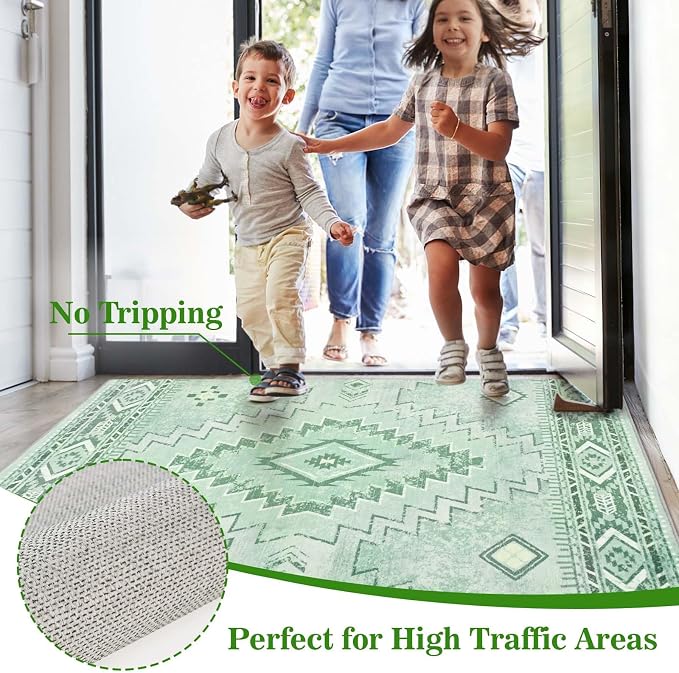 Yinhua Sage Green Entryway Rug 3x5, Western Washable Area Rug Non Slip | Navajo Geometric Rugs Low Pile, Non Shedding Small Carpet for Bedroom Entrance Living Room