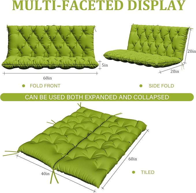 Porch Swing Cushion with Backrest,Waterproof Bench Cushion for Outdoor Furniture,2-3 Seater Replacement Thickened 5 in swing cushion,with Ties,Patio,Outdoor,Backyard and Garden (Grass Green,60x40 in)