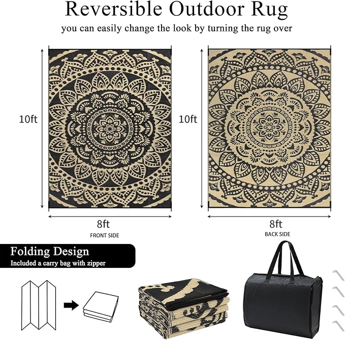 Bsmathom Waterproof Outdoor Rug 8'x10' Reversible Boho Plastic Straw Patio Deck Camping Rugs, Indoor Outdoor Portable RV Mat Clearance Carpet for Outside, Porch, Balcony, Backyard, Flower Black Gold