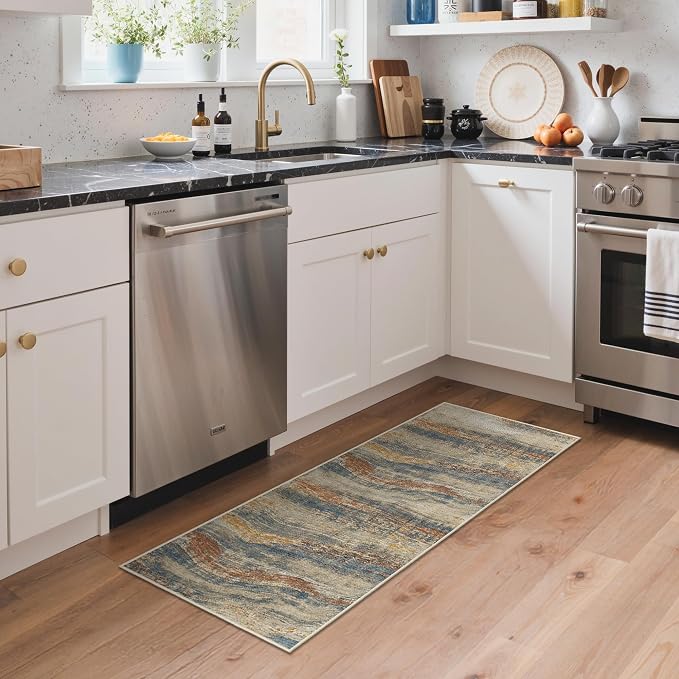 BEIMO 3x8 Non Slip Runner Rugs for Hallway, Wave Abstract Taupe Glod | Soft Machine Washable Modern Runners,Streaks Ocean Pattern Indoor Marble Brown Carpet for Kitchen Laundry Bedroom Bathroom