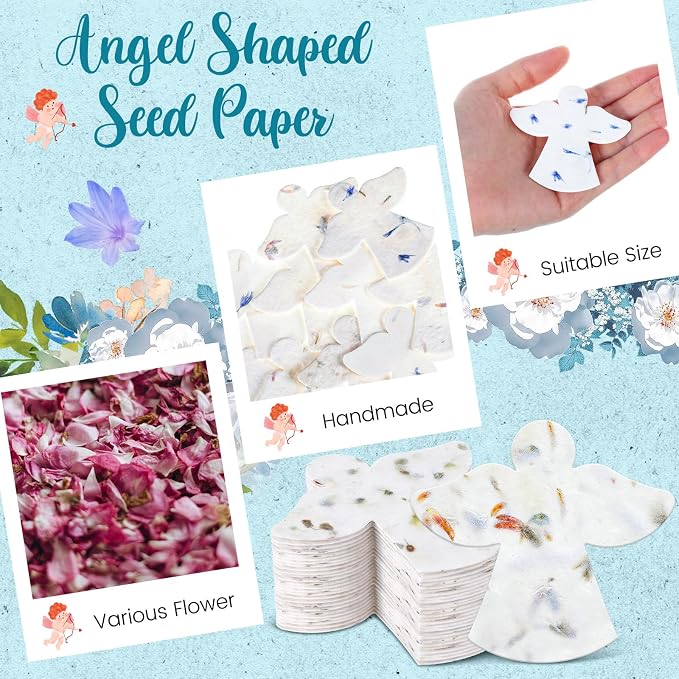 Dunzoom 50 Pcs Handmade Seed Paper Plantable Wildflower Seed Paper Recycled Flower Petals Tags Wedding Favors for Guests Craft Gifts Cards for Envelope Birthday Party, 5 Styles (Angel)