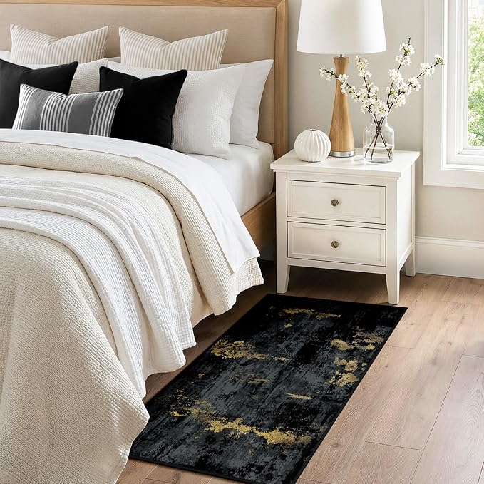 RELEANY Washable 2'x5' Abstract Area Rug for Living Room Black Gold | Carpet for Bedroom, Kitchen, Office, Hallway and Entryway, Printed Pattern, Non‑Slip, Soft, Stain‑Resistant, Easy to Clean