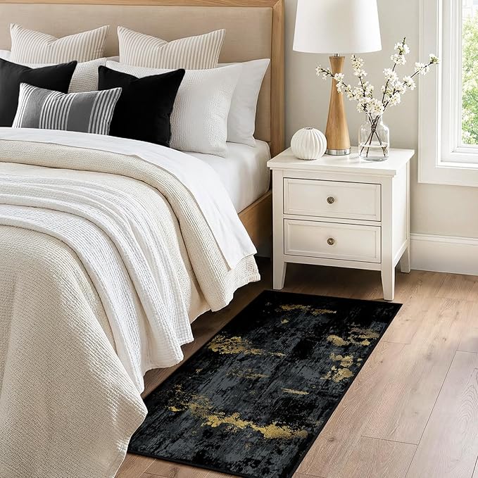RELEANY Washable 2'x4' Abstract Area Rug for Living Room Black Gold | Carpet for Bedroom, Kitchen, Office, Hallway and Entryway, Printed Pattern, Non‑Slip, Soft, Stain‑Resistant, Easy to Clean