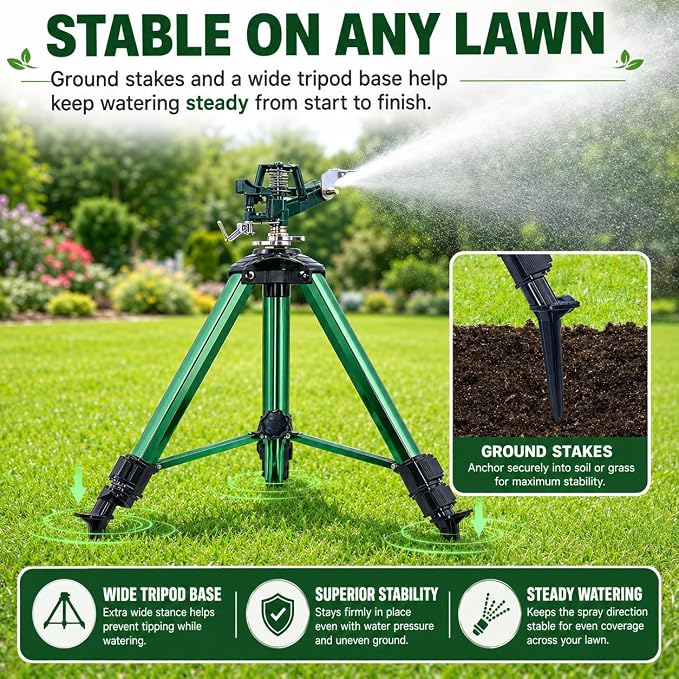 Sprinklers for Yard, Up to 50% Larger Watering Coverage, 2026 Heavy-Duty Impact Lawn Sprinkler on Spike Tripod Base with 360° Large Area Irrigation, Adjustable Extension Legs for Garden Lawn, Green
