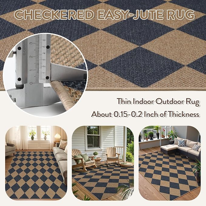Lahome Colette Checkered Easy Jute Washable Rug, 5x7 Area Rugs for Living Room Nature Large Dining Room Carpet, Farmhouse Geometric Non Slip Indoor Outdoor Carpet for Office Bedroom Backyard Patio