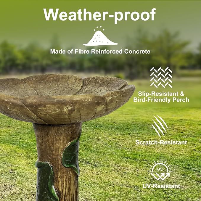 SunJet 24” High x 19” Diameter Outdoor Bird Bath with Tree Stump Leaf Design - Fibre Reinforced Concrete Birdbaths for Garden, Patio, Yard, Lawn Décor