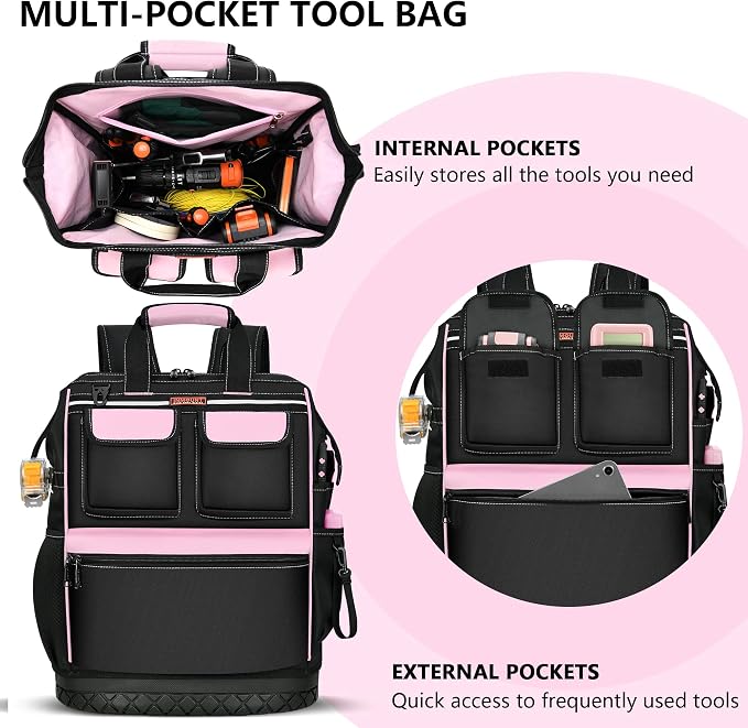 LOKASS Pink Tool Bag for Women, Wide-open Tool Backpack with Double-opening Metal Zipper, Waterproof Tool Storage Tote Bag for Female Workers-Large