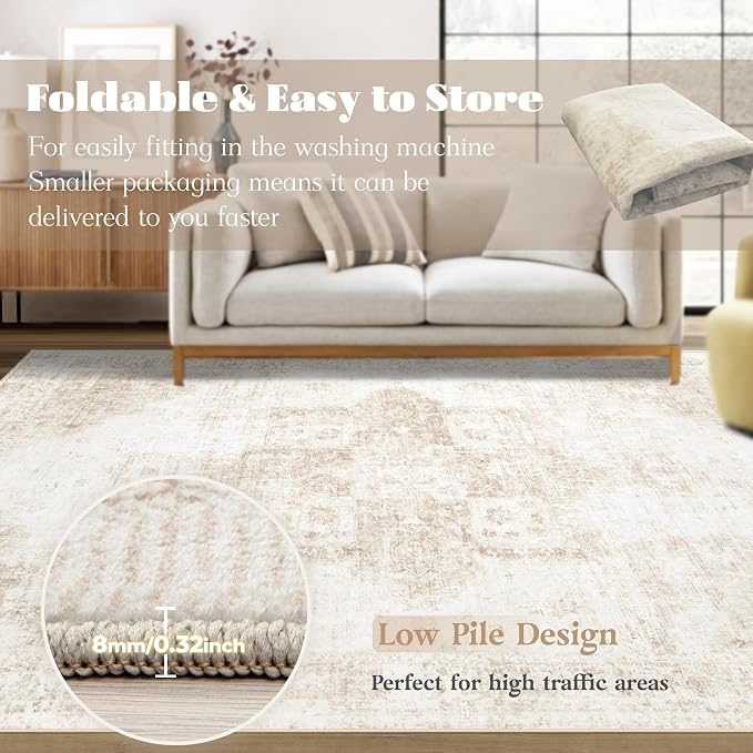 Area Rug 6x9 Washable Rug, Vintage Boho Medallion Rugs Non-Slip Soft Low Pile Large Distressed Rug Indoor Retro Carpet for Living Room Bedroom Dining Room Home Office (Beige, 6'x9')