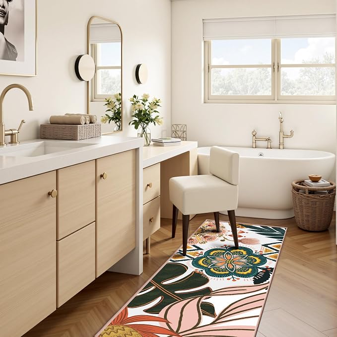 Tyrot Boho Floral 2x6 Washable Kitchen & Hallway Runner Rug Ultra-Thin Flat Woven Low Pile Botanical Runner Rug Non-Slip Indoor Runner for Entryway, Laundry, Bathroom and Bedroom, Blush Pink