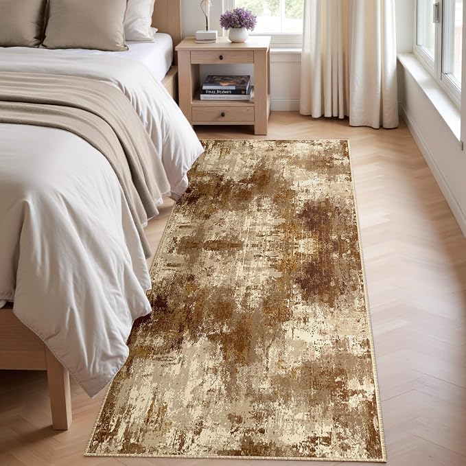 RELEANY Washable Runner 2'x8' Abstract Area Rug for Hallway Brown Tan | Carpet for Kitchen, Entryway, Bathroom, Living Room, Bedroom, Printed Pattern, Non‑Slip, Soft, Stain‑Resistant, Easy to Clean