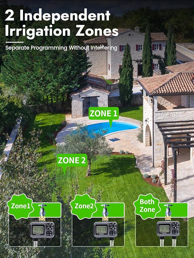 Insoma Hose Timer 2 Zones Brass Inlet, Water Timer for Garden Hose, Sprinkler Timers with Rain Delay/Manual/Auto Mode, Faucet Timers 2 Outlet for Garden Watering, Lawn, Yard