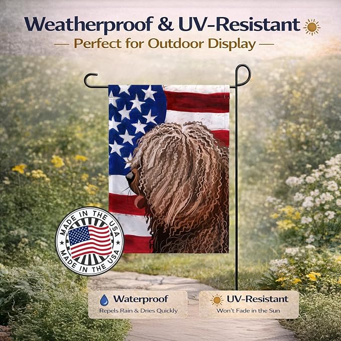 Caroline's Treasures CK6719GF Spanish Water Dog American Flag Garden Flag Mailbox Flag Decorative Yard Flag Banner Outside Patio Artwork Yard Flower Beds, Garden Size, Multicolor