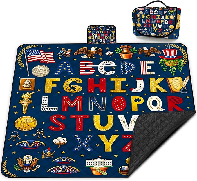 Poedist Extra Large Picnic Blanket Waterproof,80"x 80"Foldable Machine Washable Beach Blanket,Outdoor Blanket for 6-8 Adults,for Indoor Crawling,Park Beach,Camping,Hiking,Family Travel(Flag Letters)