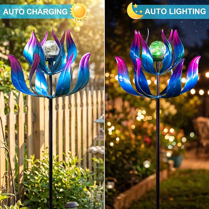 Solar Wind Spinner with Crackle Glass Ball, 7-Color Changing LED Light, Metal Kinetic Sculpture for Garden, Patio, Lawn Decor - Unique Outdoor Art for Yard