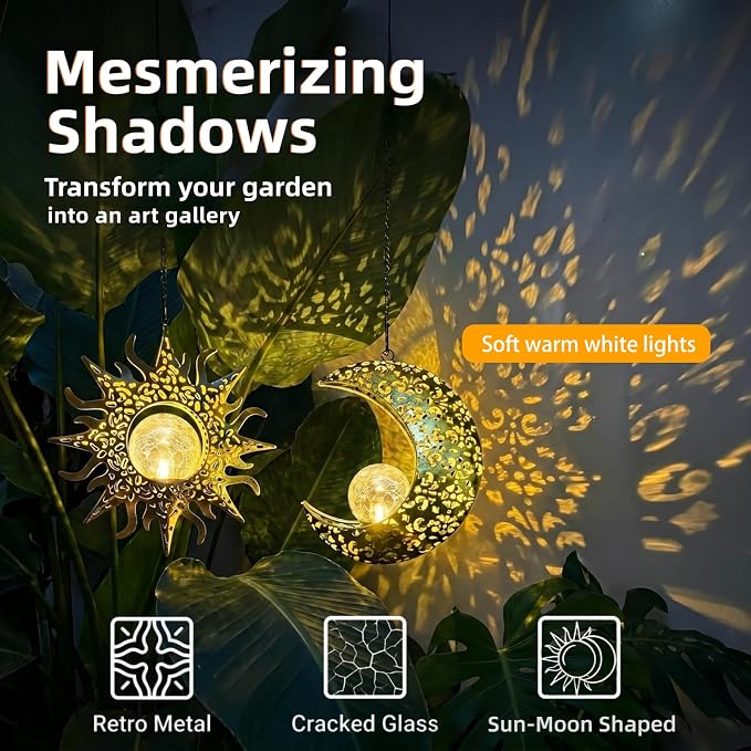 Solar Hanging Lights for Outside Garden,Outdoor Metal Lanterns Sun Moon Lamp, Large Decorations for Yard Garden Patio Proch Tree Wall, Christmas Gifts for Women Mom