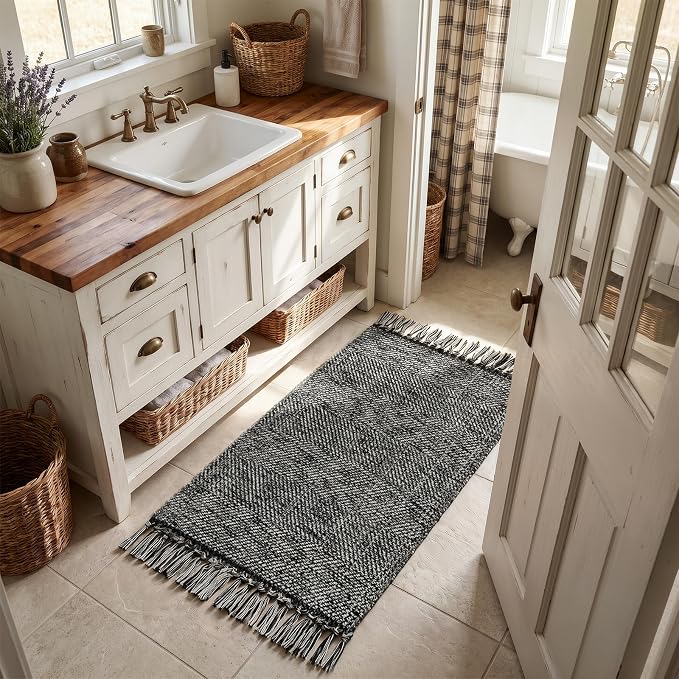 2' x 4.3' Kitchen Runner Rugs, Modern Boho Washable Bathroom Mat | Hand-Woven Farmhouse Entryway Rug, Braided Soft Bedroom Mat, Black Reversible Front Door Mats for Laundry Bedside Porch