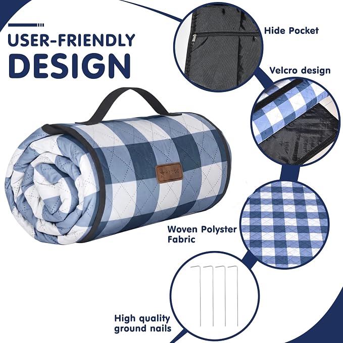 HX&OD Outdoor Picnic Blanket, Extra Large, 80''x80'' Waterproof Foldable Blankets Gingham Picnic Mat for Beach, Camping Grass Lawn Park Accessories Cute Couple Ideas Wedding (Blue, 80”x80”)