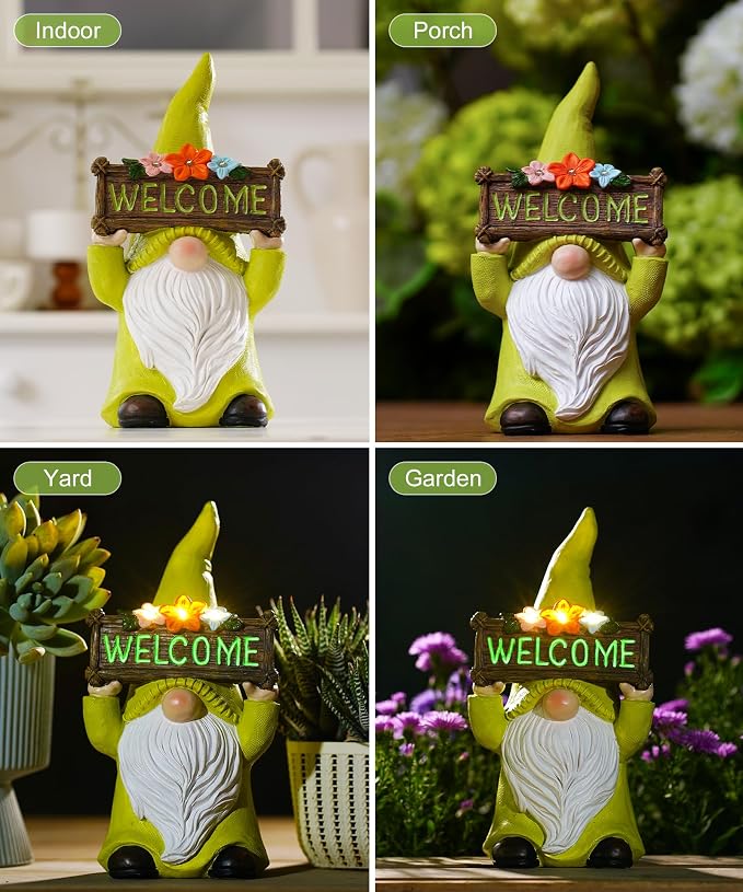 Nacome Solar Gnome Statue for Garden Decor: Outside Sculpture with Flower Welcome Sign Clearance for Yard Art Lawn Ornaments Porch Patio Balcony - Birthday Gifts for Grandma Mom Women(Green)