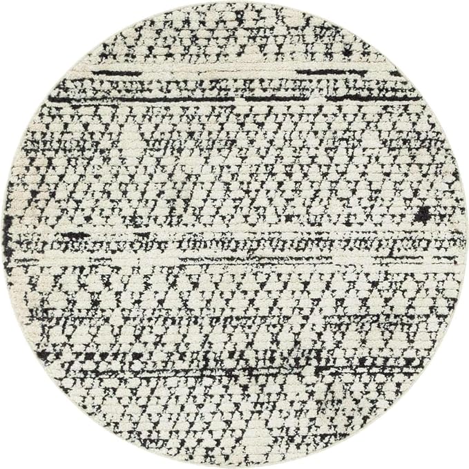 Unique Loom Morocco Collection Abstract Border, Diamond, Bohemian Area Rug (4' 0 x 4' 0 Round, Ivory/Black)