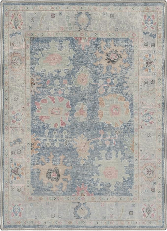 8X10 Living Room Area Rug, Boho Vintage Floral Washable Non Slip | Floral Vintage Rug for Bedroom Dining Room, Dusty Blue Soft Low Pile Faux Wool, Stain Resistant Non-Shedding Pet-Friendly