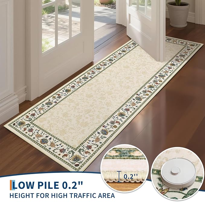 Garvee 8x10 Vintage Floral Washable Rugs for Living Room Bedroom Rug | Beige Boho Border Area Rug Stain Resistant Easy Cleaning Throw Rugs Low Pile Floor Cover for Nursery Dining Room Apartment