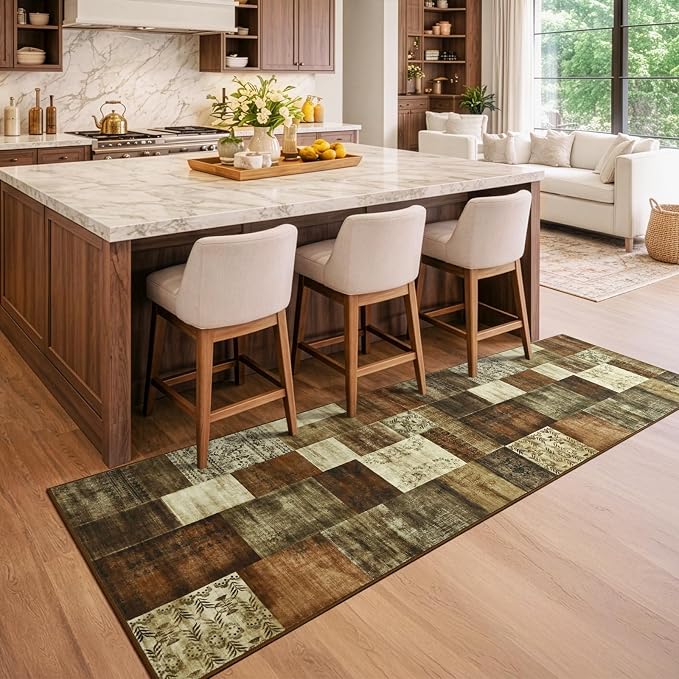 Runner Rug for for Hallways, 2'x6' Washable Kitchen Rugs with Non Slip Rubber Backing, Soft Low Pile Non-Shedding Geometric Carpet for Laundry Bedroom Bathroom, Brown