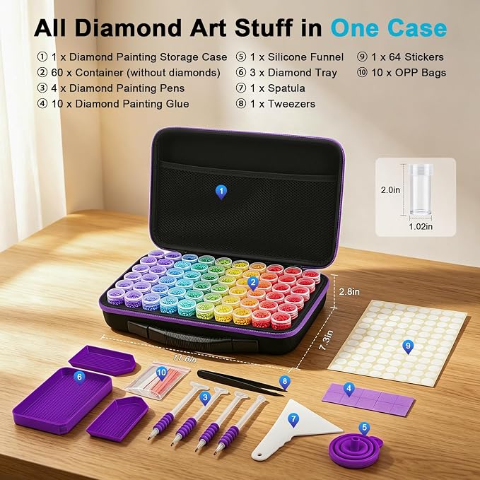 ZORETCO Diamond Art Storage with 60 Containers, Diamond Art Kits for Adults | Diamond Painting Storage Case with Tools, Diamond Art Supplies Storage for Diamond Painting Accessories, Bead Gem Organizer