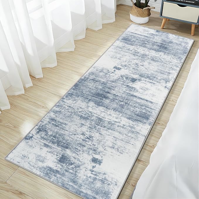 2'6''x8' Runner Rugs Washable Rug:Modern Abstract Hallway Blue White Carpet | Non-slip TPE backing makes this washable soft low-pile rug safe & durable, Pet-friendly decor for dining room,nursery,office