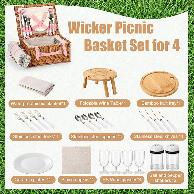 Briwooody Wicker Picnic Basket Set for 4 with Foldable Bamboo Camping Table, Round Bamboo Cutting Board Outdoor Dining Set with Utensils Plates and Blanket for Camping Beach Backyard Party