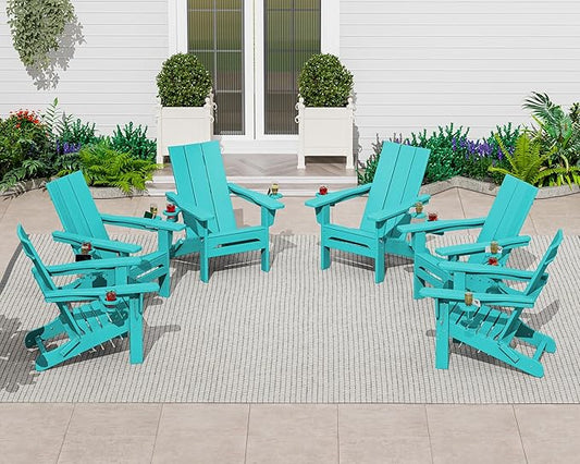 SERWALL Modern Adirondack Chair Set of 6, Folding Adirondack Chair with Cup Holders, Outdoor HDPE Adirondack Chair, Teal