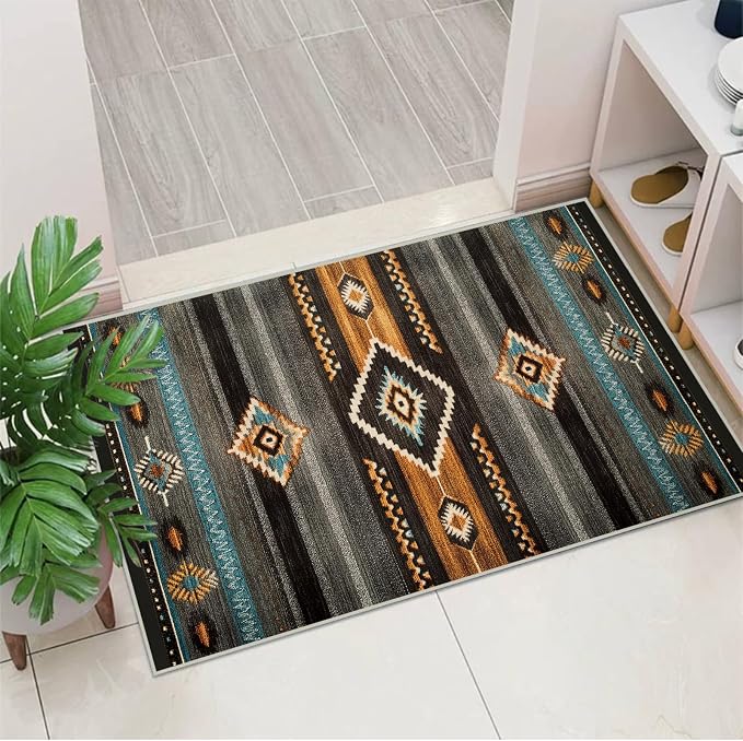 Southwest Area Rug for Living Room Abstract Geometric Diamond 2x3 Rug Modern Southwestern Aztec Tribal Rugs Non Slip Low Pile Machine Washable Boho Orange Grey Floor Carpet Indoor Bedroom Dining Room