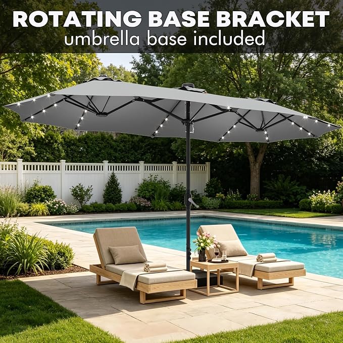 DomeShade 15ft Double-Sided Rectangle Patio Umbrella with 36 LED Solar Lights&base,UV50+ Weather-Resistant Outdoor Umbrella,Crank Lift,Patio Shade for Pool, Garden, Backyard–Gray