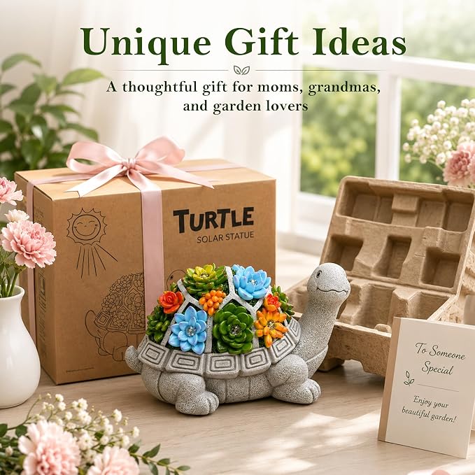 Solar Garden Outdoor Statues Turtle with Succulent | 7 LED Lights, Lawn Decor Statue for Patio, Balcony, Yard Ornament, Gifts for Mom Grandma Women