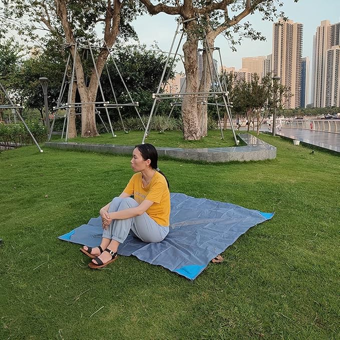 Orga'Neat Pocket Picnic Blanket, Beach Mat Waterproof Sandproof, Compact Lightweight Small Tarp for Camping, Hiking, Backpacking, Festival, Travel, Foldable in Bags (Grey/Blue, 55"x60")