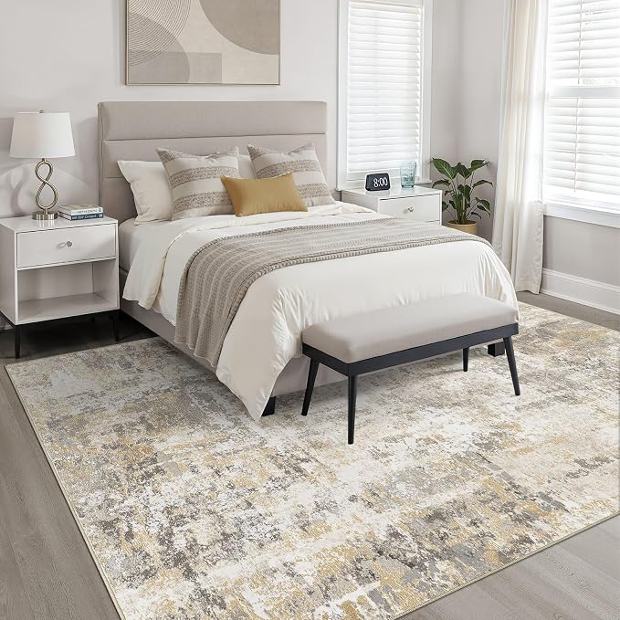 LOONGRUG 6x9 Area Rug Washable Neutral Modern Rug for Living Room Gray Gold | Abstract Soft Stain Resistant Indoor Non-Slip Carpet for Bedroom Nursery Kids Office Playroom Dining Room