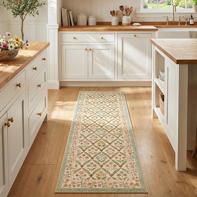 jinchan Runner Rug 2x6 Vintage Floral Washable Hallway Area Rug, Teal Blue | Soft & Lightweight, Checkered Floral, Low Pile, Non Slip, Entryway, Kitchen, Bedside, Laundry Room, Cottage Decor