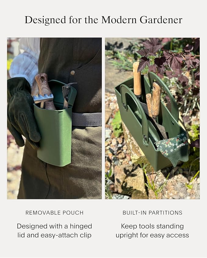 Hachiman Garden Tool Bag, Waterproof Gardening Tote | Interior Partition and Removable Pouch, Indoor Outdoor Use, Tools Not Included, Garden Green