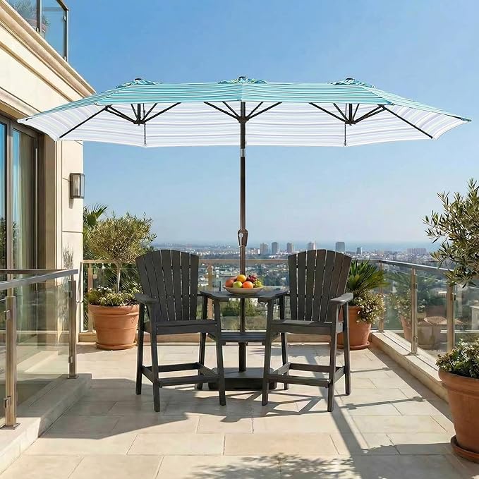 15FT Large Patio Umbrella with Base Included, Double Sided Outdoor Market Umbrella with Flexible Fiberglass Ribs, UV-Blocking Extra Large Umbrella for Garden, Pool, Deck, Green Stripes